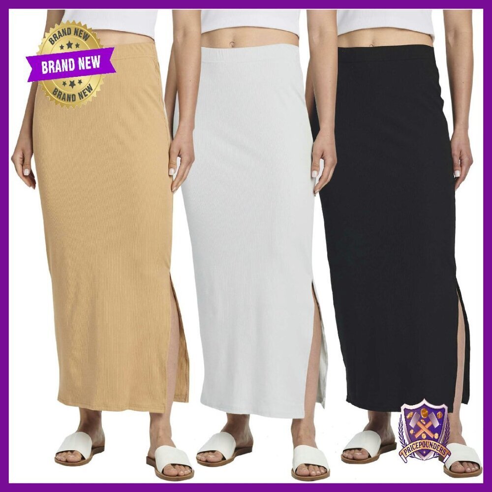 3 Pack Ribbed High Waisted Maxi Skirts with Side Slit - Pencil Style